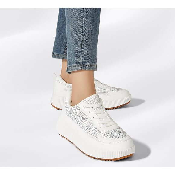 Brand New Women White Rubber LUCKY STEP Rhinestone Platform Chunky Sneakers - Picture 7 of 9